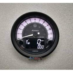 Acewell CV080 80mm needle tachometer 9000rpm white face black anodized alloy